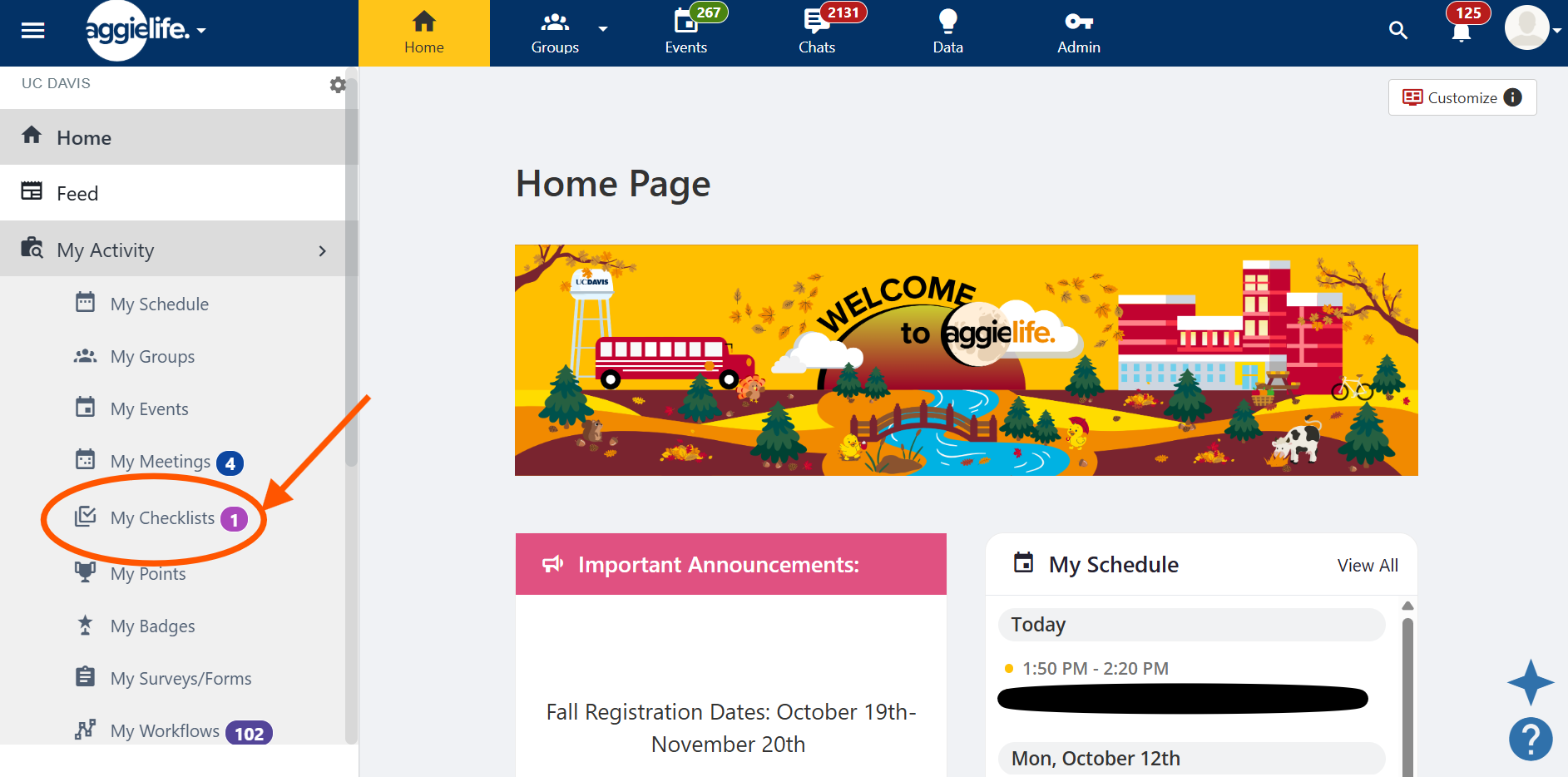 Screenshot of web dashboard home page with left menu and 'My Profile' circled
