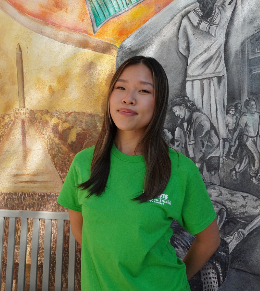 Young woman in green T-shirt standing before colorful and grayscale mural, slight smile